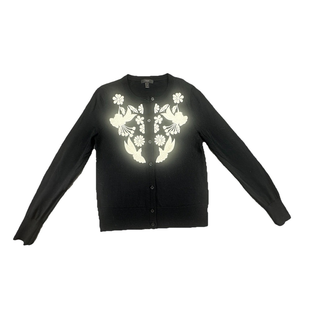 J.CREW Sweater Womens M Merino Wool Cardigan‎ Floral Embroidered Black Size S